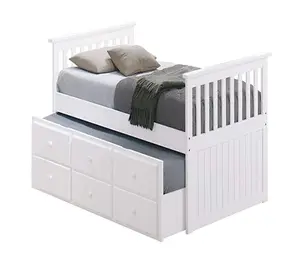 Design De Cama De Caixa De Madeira Branca Com Gavetas Single Double Bed com Cama De Trundle e Armazenamento