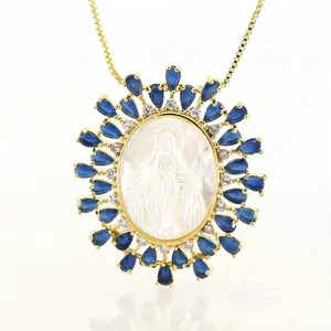 Chain metal 8 gram flower pendant rose 18k gold crystal sapphire Virgin Mary charm girls necklace silver