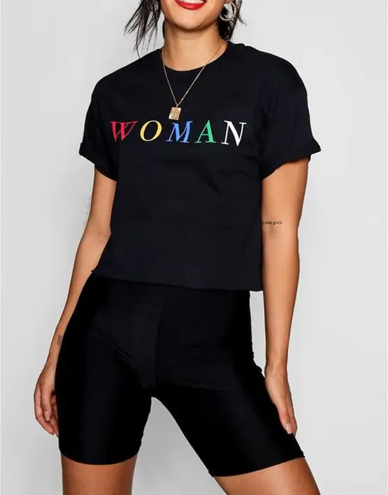 Yaz Kadın Özel Gökkuşağı Işlemeli Pamuk Kırpma üst T Shirt