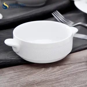 Pabrik Shengjing Grosir Menyesuaikan Porselen Putih Restoran Peralatan Makan Keramik Dua Pegangan Sup Melayani Mangkuk