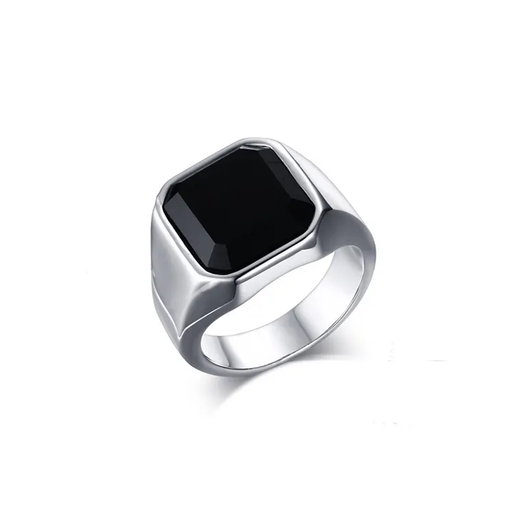 Wholesale Rings Stainless Steel Black Agate Ring Steel Color Men's Ring Jewelry