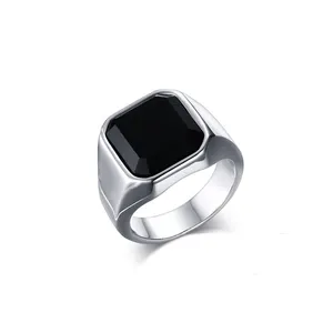 Vente en Gros de Bagues en Acier Inoxydable Bague en Agate Noire Couleur Acier Bague pour Hommes Bijoux