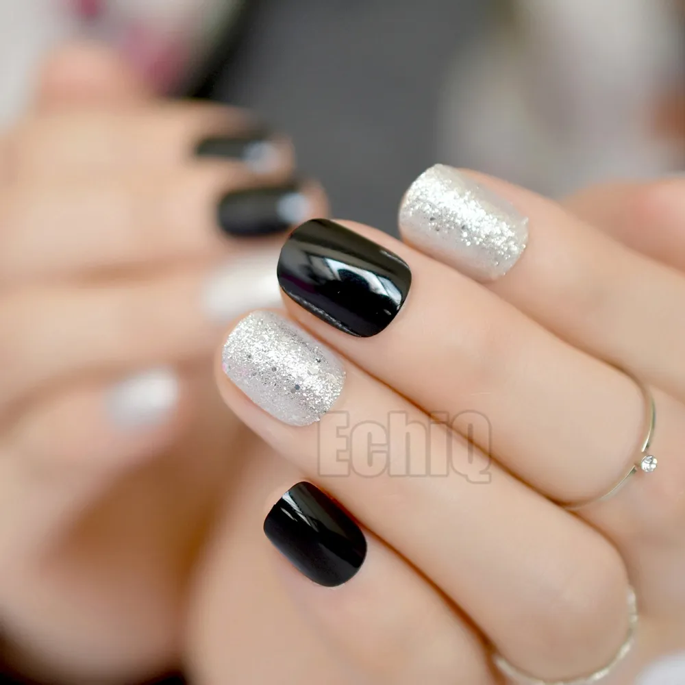 Sparkly Silver Glitter False Nails Short Classic Black Press On Fake Nails Full Cover Acrylic Bling Wear Nail Art Accessories