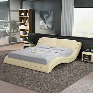 Productos de calidad superior, diseño moderno, cama con forma de curva antigua de cuero de grano superior importado, muebles de dormitorio