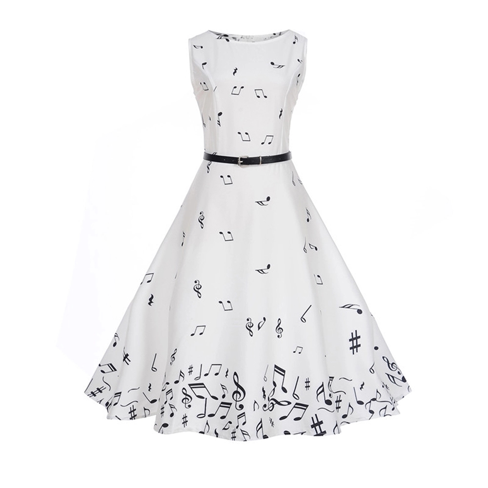 Fancy White Cocktail Party Musical Note Print White Sleeveless Formal Party Vintage Dress