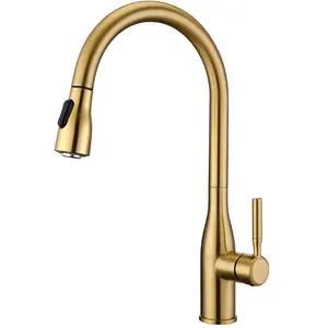 Brushed Gold Pull Out Kitchen Sink Tap Hot Cold Mixer Faucet