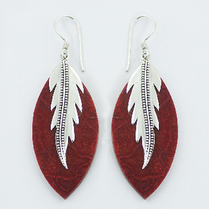 Pendientes Colgantes de Plata de Ley Alto Pulido <span class=keywords><strong>Marquesas</strong></span> Coral Rojo - Product Image 1