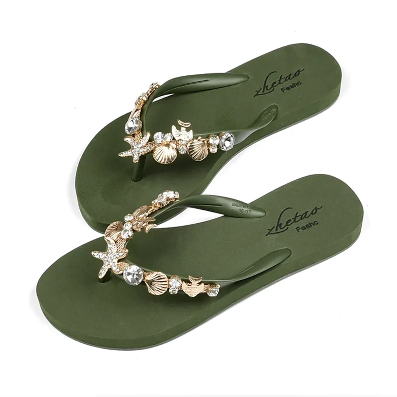 Summer, fashion wear clip feet water diamond high heels flip flops with thick bottom anti slip muffin beach shoes