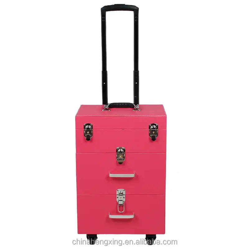 private label pink beauty cosmetic organizer travel aluminum hard trolley cosmetic case on wheels