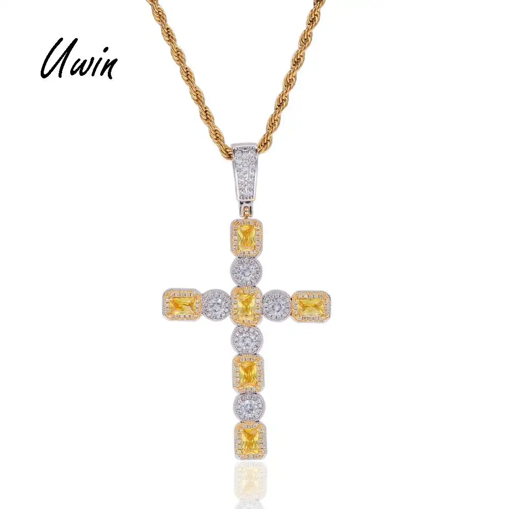 Fashion 18K Gold Plated Two Tone Iced Out CZ Cross Diamond Pendant Mens Jewelries