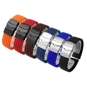 Have stock 18 20 22 24 mm stainless steel deployment buckle soft Black Blue Orange silicone rubber watch bracelet