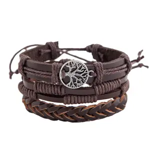 New multi-layer retro peace tree friendship cowhide braid unisex leather knot bangle bracelet