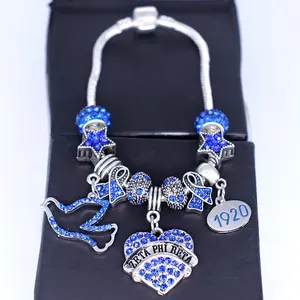 Sorority bangles zeta phi beta 1920 souvenir gift jewelry bird pendant heart charms rhinestone bail bead bracelet