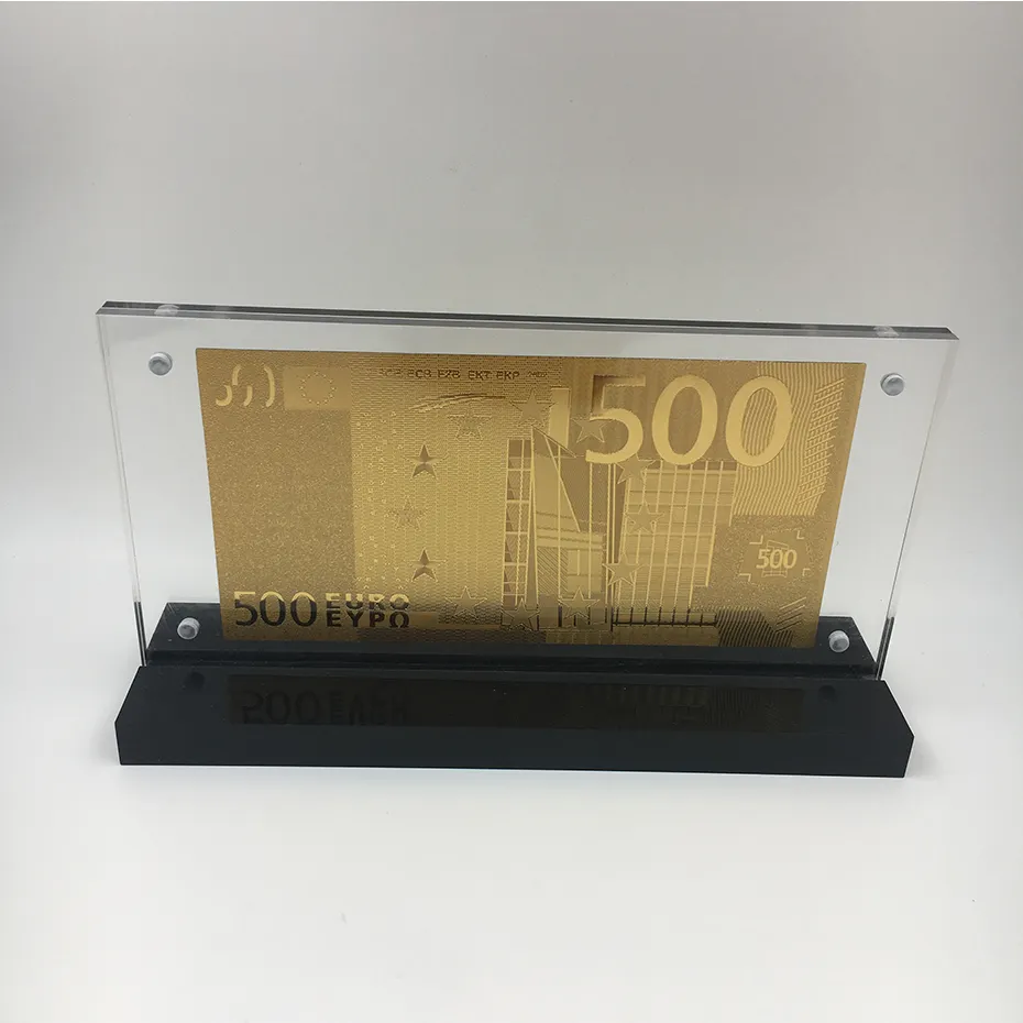 Einzigartige antike Hochzeitsgeschenke für Gäste 24K-Gold Euro 500 Banknoten mit schönem Acrylrahmen-Ständer