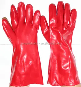 red PVC glove, gauntlet, 40cm,interlock line, smooth finish