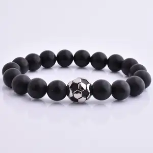 Style personnalisé 10Mm Mat Onyx Perle Ronde 316L De Football En Acier Inoxydable Bracelet à Breloques