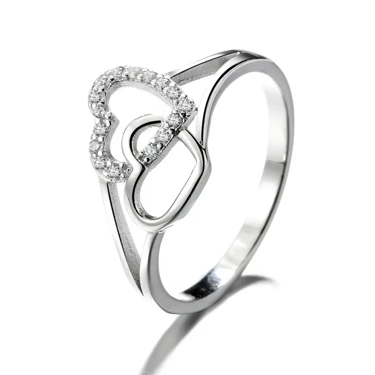 Fashion Finger Ring Unique Double Hearts Knot 925 Sterling Silver Love Rings