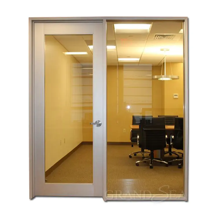Marco de aluminio blanco vidrio templado interior perfil de aluminio puerta abatible para oficina