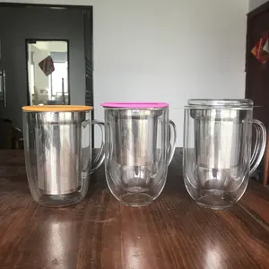 Tasse à thé en verre borosilicate transparent 400ml Double couche <span class=keywords><strong>avec</strong></span> <span class=keywords><strong>filtre</strong></span> extra fin en acier inoxydable pour café et thé - Product Image 3