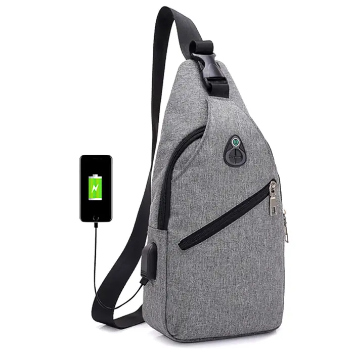 Yeni ürün çin tedarikçileri USB şarj kulaklık delik göğüs çanta toptan açık rahat tuval omuzdan askili çanta