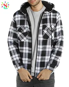 Veste à capuche à carreaux pour homme, coupe-vent en flanelle, fermeture éclair, manches longues, cordon de serrage, vente en gros