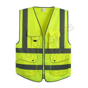 Cnss120150 Kain Rajut Hi Vis Neon Kuning Peringatan Rompi Keselamatan/Rompi dengan Pita Reflektif/Trim/Saku Strip Ukuran XL