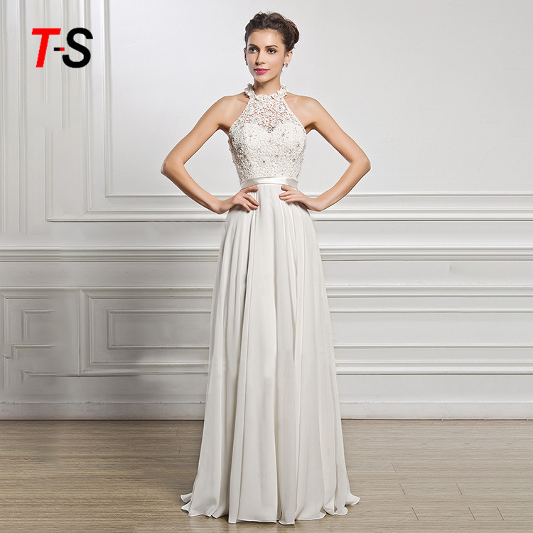 Long style chiffon sleeveless slim wedding women lace white dress evening