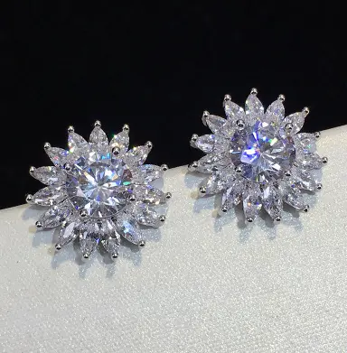 Thời Trang Trắng CZ Pha Lê Bông Tai Hoa Đầy Màu Sắc Cubic Zirconia Stud Earrings Bông Tai Vàng Trắng Đầy Cho Phụ Nữ