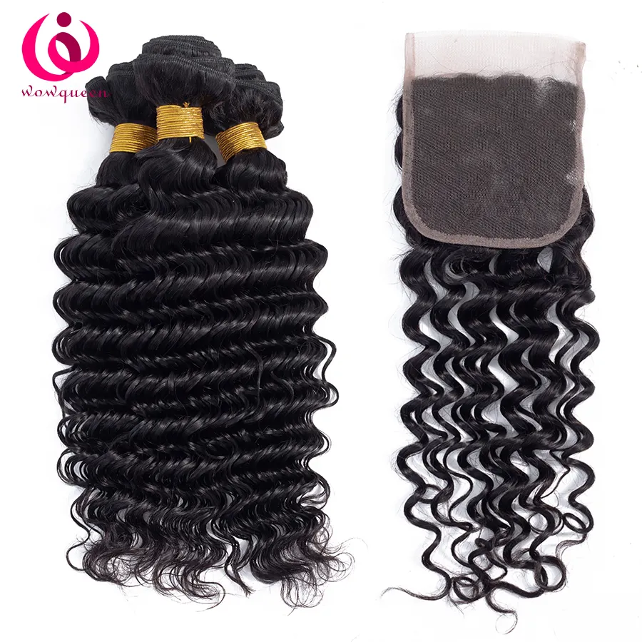 Wholesale unprocessed thick black Mongolian cuticle aligned virgin human deep wave curly hair bundles with closure lace frontal