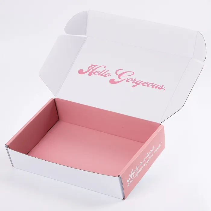 Kemasan Kecantikan Mailer Offset Merah Muda Putih Kerajinan Kertas Ramah Lingkungan Kotak Bergelombang Matt Kustom untuk Paket Pengiriman