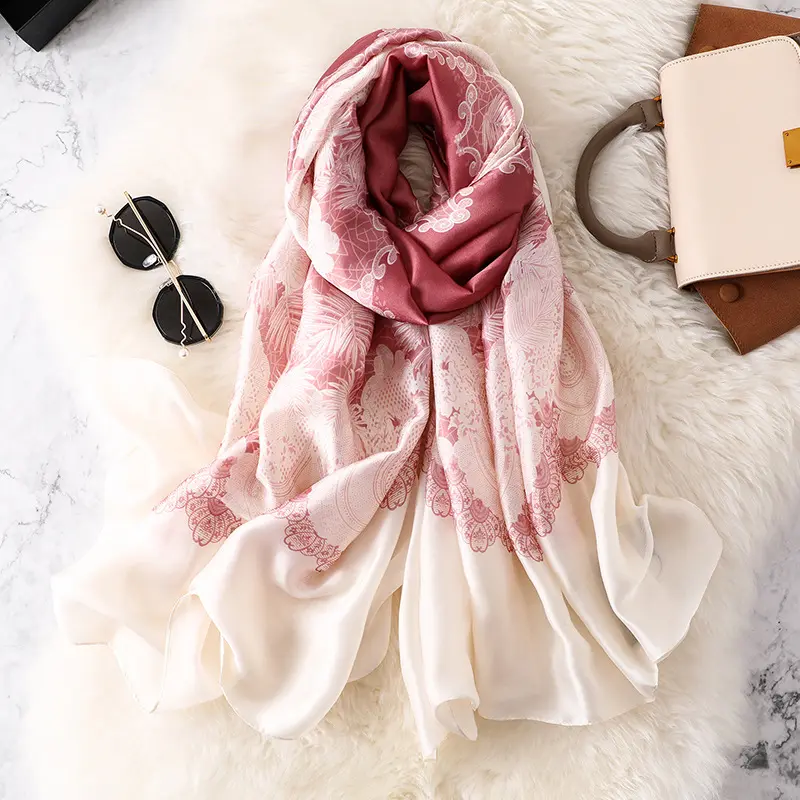 Wholesale 2018 hot sale cheap pink chiffon scarf fashion 2 colors lace print oversized muslim silk chiffon shawl scarf