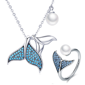 GR85 925 Sterling Silver Summer Ocean Mermaid Whale's Tail Blue Zircon Jewelry <strong>Necklaces</strong> <strong>Ring</strong> Set for Women Parties <strong>Weddings</strong> - Product Image 1