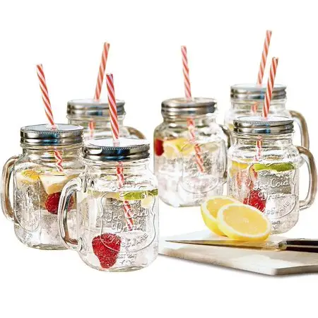 Wholesale Cheap 500ml Glass Jar Beverage Jars With Straws Handle And Metal Lid For Drinking