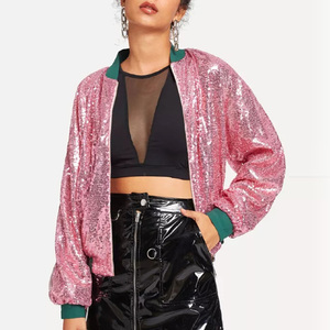 Ladies Fashion Baseball Collar Ribbed Trim <strong>Sequin</strong> Detail Bomber <strong>Jacket</strong> Bling Night Out Zip up <strong>Sequin</strong> <strong>Jacket</strong> - Product Image 4