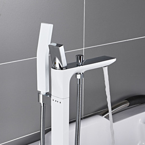 Robinet de baignoire thermostatique en laiton blanc huilé sur pied avec douchette à fonction massage pour salle de bain - Product Image 5