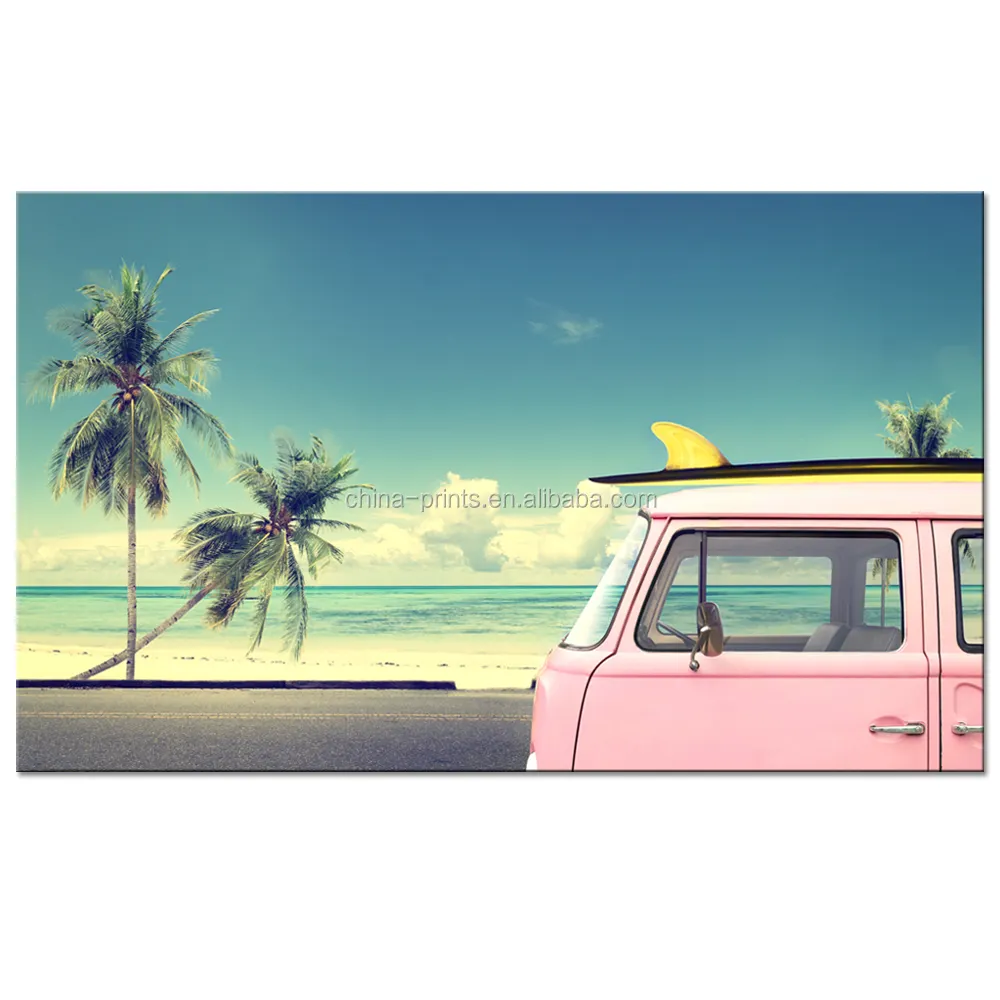 Hora de férias, carro vintage com um prancha de surf na foto do telhado impressão de tela, arte de parede rosa van canvas surfer