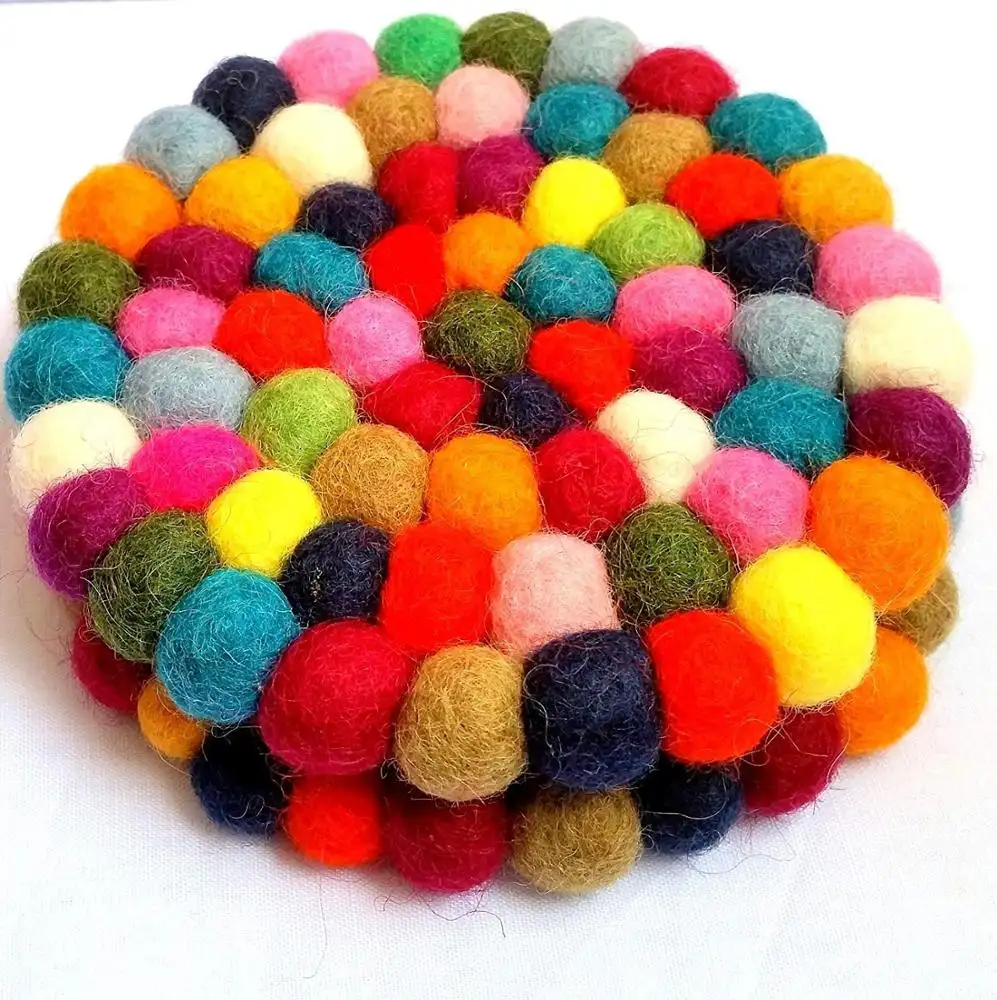 felt wool pom pom coasters Wool Felt Ball Coasters 10cm Felt Multicolour Woollen Round Coaster