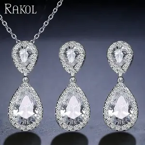 RAKOL SP263 Crystal CZ Jewelry Water Shape Teardrop Zircon Pendant Earrings Chain Necklace set