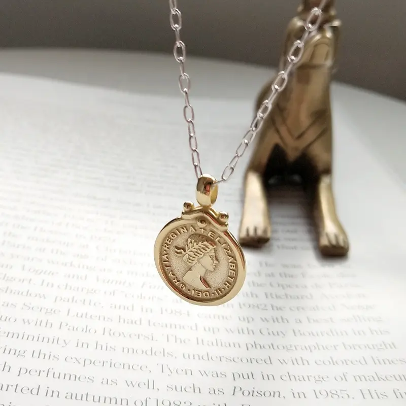 Factory Price S925 Sterling Silver Trendy Simple Gold Penny Coins Medal Pendants Necklace Women Jewelry