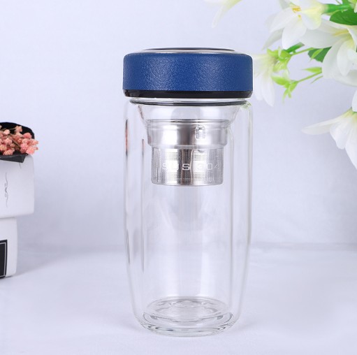 Double Wall Glass Tea Tumbler With Strainer For Loose Leaf Insulated Travel Coffee Mug