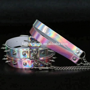 Collar de cuero PU holográfico con remaches, estilo punk, sexy, para mascotas, con cuerda de tracción, gargantilla de moda con cadena. - Product Image 3