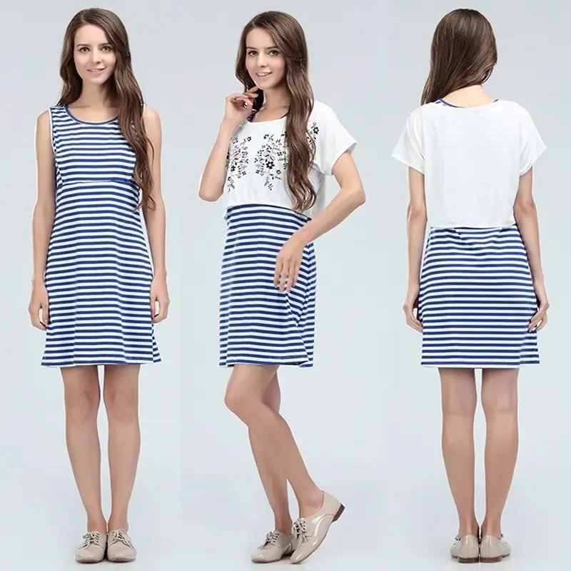 Ladies Maternity Summer Outlet Dress Small Fresh Atheleisure Nursing Clothing Hit color Hide Breastfeeding Opening Skirts