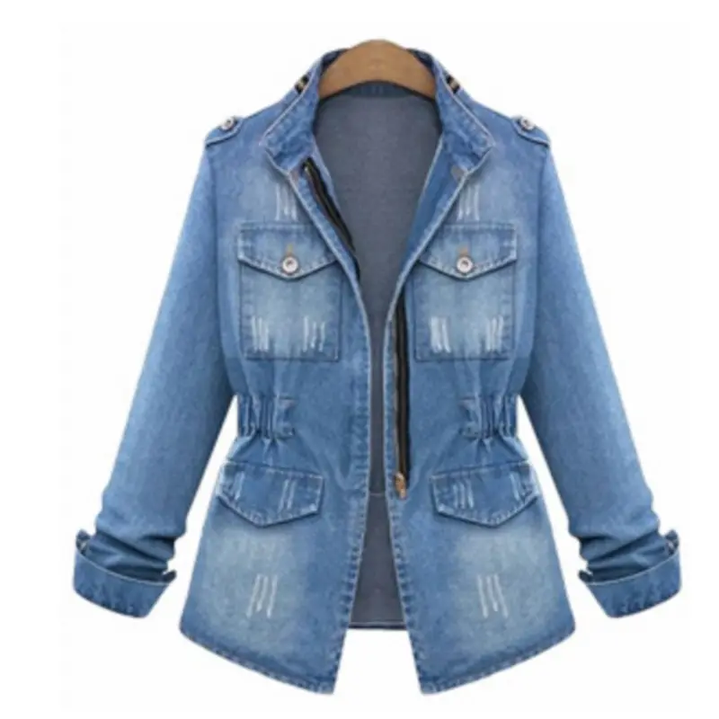 S-5XL Long Sleeve Denim Zip Jacket Sexy Spring Autumn Tops European Style Womens Clothing Large Size Slim Fit Jeans Coat E8412