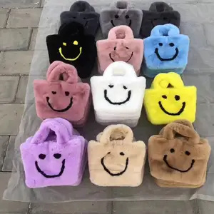 Wholesale Fashion Faux Fur Bags Smile Face Tote Handbag