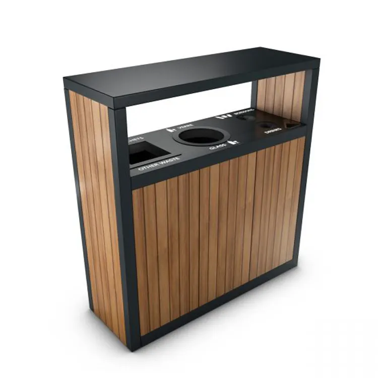 City Furniture Galvanized Steel Dustbin Metal Wooden Urban Design Waste Recycling Bin Commercial Trash Can Manufacture