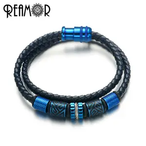 Reamor bracelete de couro legítimo 316l, pulseira de aço inoxidável com fecho magnético, camada dupla personalizada, joia masculina de luxo