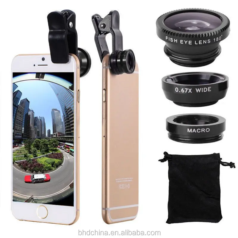 3 In 1 Mini Clip-on Optic Cell Phone Camera Lens Kit 180 Degree Fisheye Lens + 0.67x Wide Angle + 10x Macro Lens for Smartphones