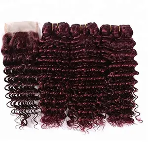 Оптовая продажа, бразильские необработанные человеческие волосы 9А 36 дюймов с глубокой волной бордового цвета 99j, винно-красные пучки с кружевной застежкой