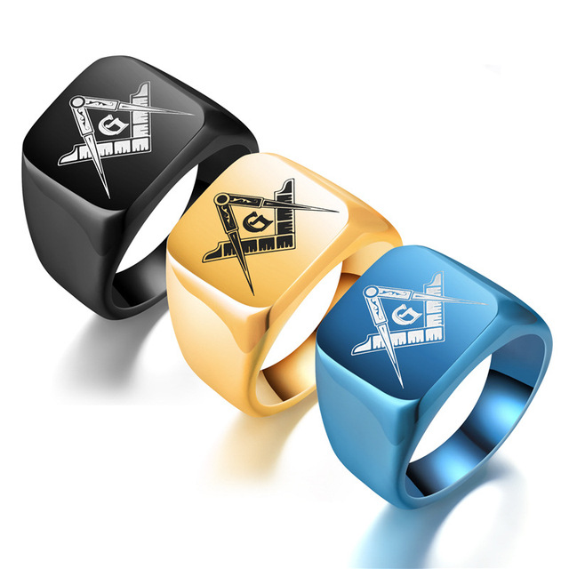 Promotional 316L Masonic Ring for Men's Square IP Gold Black Blue Plated Stainless Steel Signet Band Jewellery
