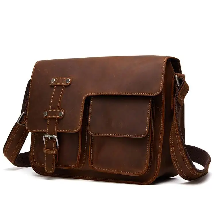 Dreamtop DTA107 Crazy horse leather messenger satchel bag vintage brown mens shoulder bag for laptop